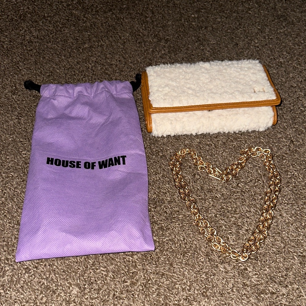 House of Want White and Tan Clutch/Crossbody Shearling